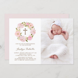 Watercolor Blush Pink Peony Wreath Photo Blessing Invitation