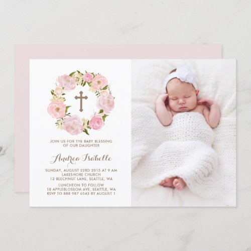 Watercolor Blush Pink Peony Wreath Photo Blessing Invitation