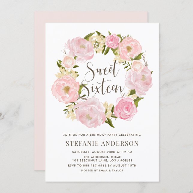 Watercolor Blush Pink Peony Wreath Sweet Sixteen Invitation (Front/Back)