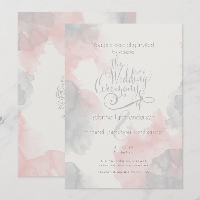 Watercolor Blush Pink Pewter theBarefootBride™ Invitation (Front/Back)