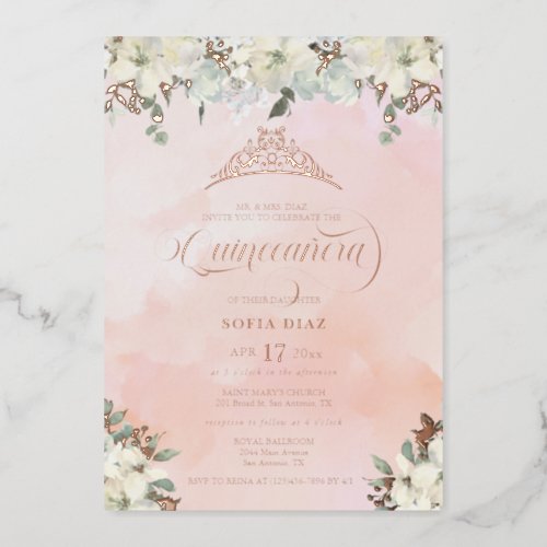 Watercolor Blush Pink Quinceaera Floral  Foil Invitation