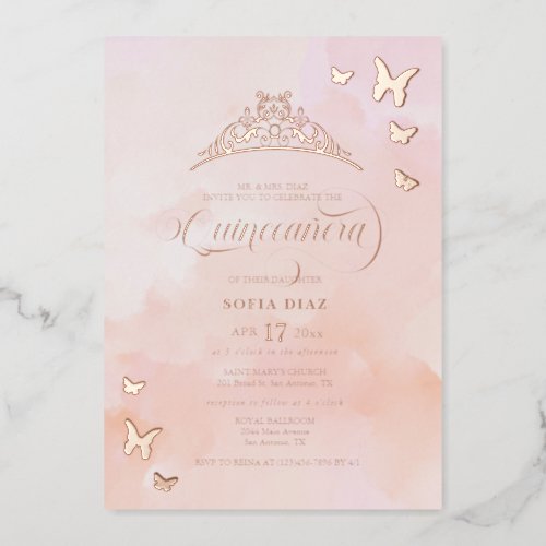 Watercolor Blush Pink Quinceaera Foil Invitation