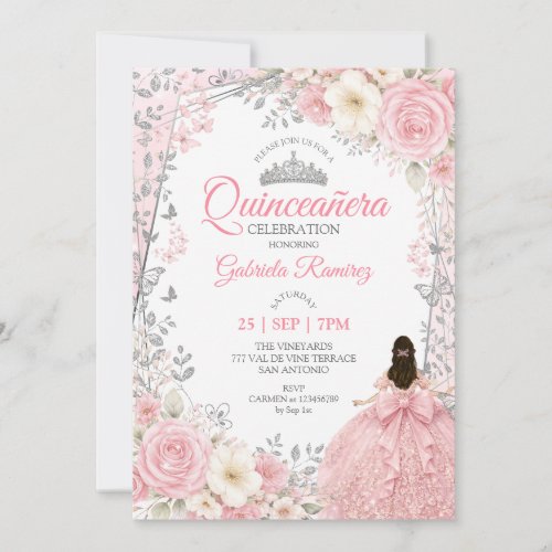 Watercolor Blush Pink Quinceañera Silver  Invitation