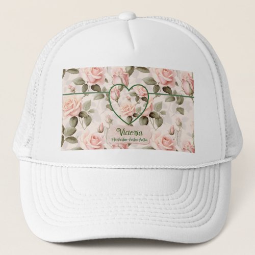 Watercolor Blush Pink Rose and Botanical Trucker Hat