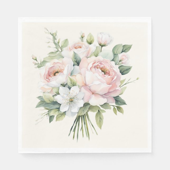 Watercolor Blush Pink Rose Bouquet Napkins (Front)
