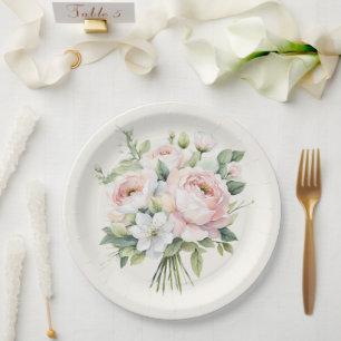 Watercolor Blush Pink Rose Bouquet Paper Plates