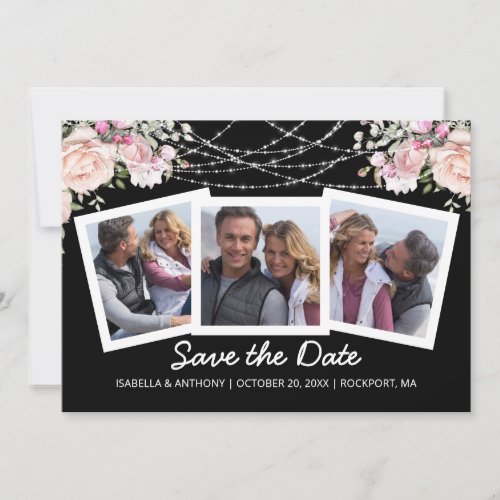 Watercolor Blush Pink Rose Floral Black 3_Photo  Save The Date