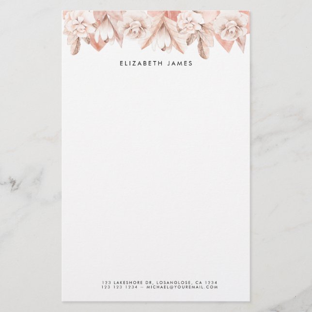 Watercolor Blush Pink Rose Flowers Personized Stationery (Front)