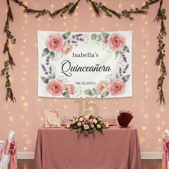 Watercolor Blush Pink Rose Lavender Quinceañera Banner (Creator Uploaded)