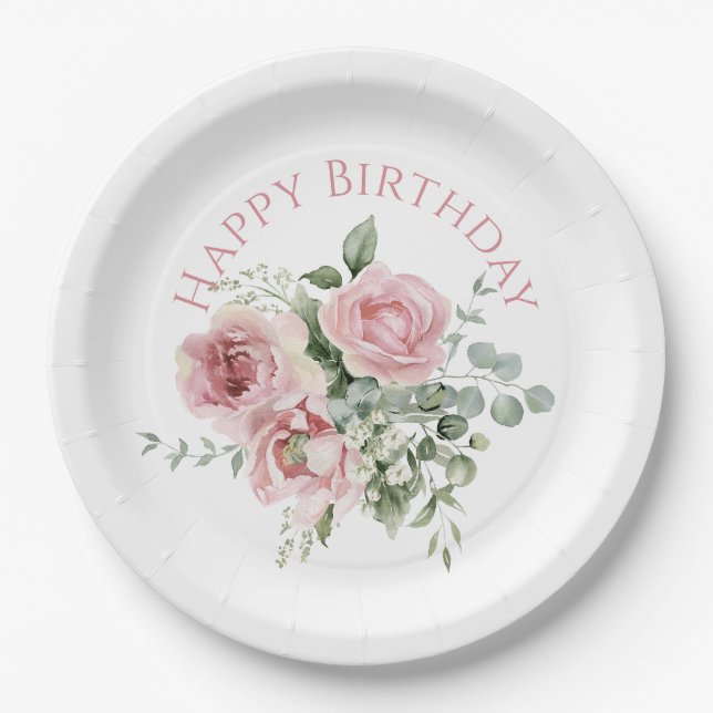 Watercolor Blush Pink Rose Pattern Paper Plates (Front)