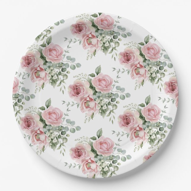 Watercolor Blush Pink Rose Pattern Paper Plates (Front)