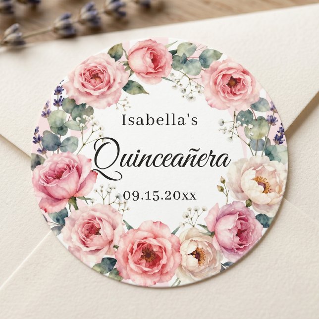 Watercolor Blush Pink Rose Wreath Quinceañera Classic Round Sticker (Creator Uploaded)