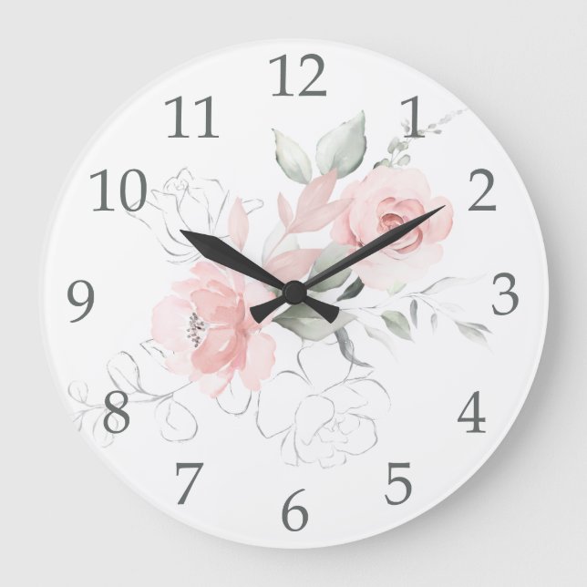 Watercolor Blush Pink Roses Sage Green Leaves Large Clock (Front)