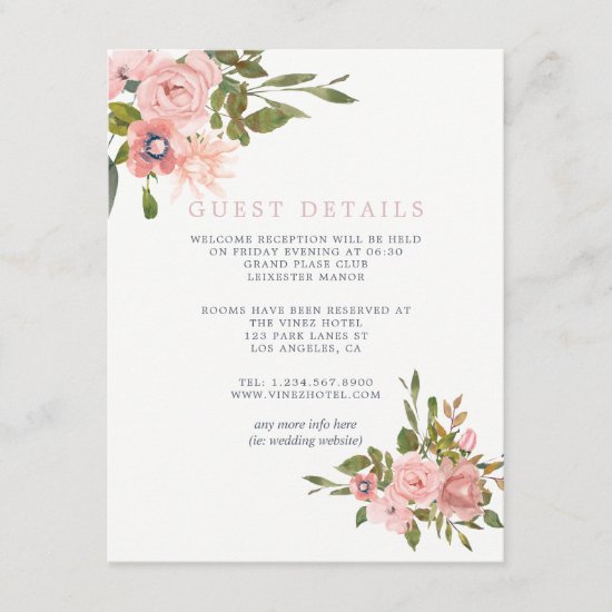 Watercolor Blush Pink Roses Wedding Guest Details Enclosure Card
