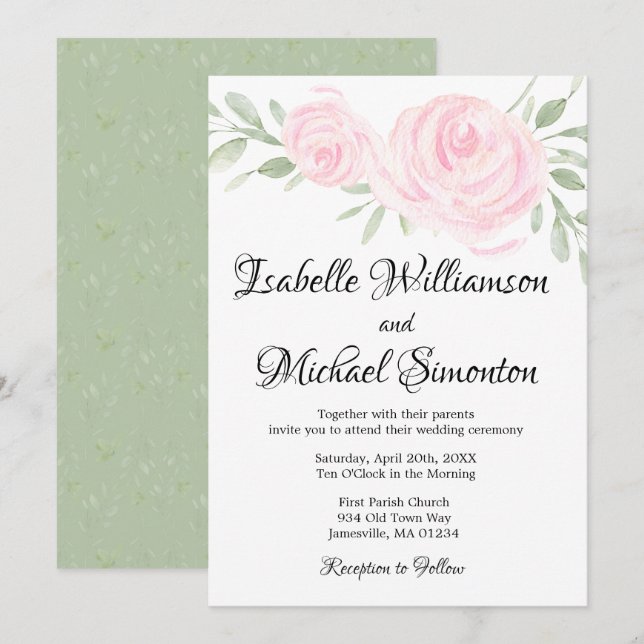 Watercolor Blush Pink Roses Wedding Invitations (Front/Back)
