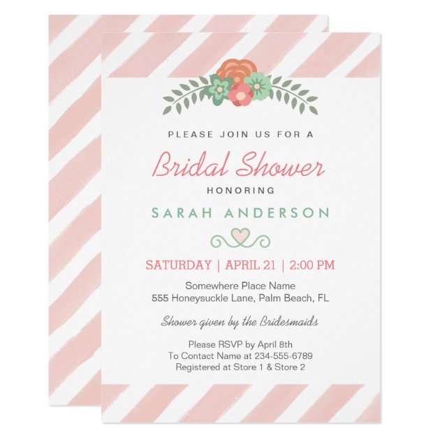 Watercolor Blush Pink Stripes Floral Bridal Shower Invitation