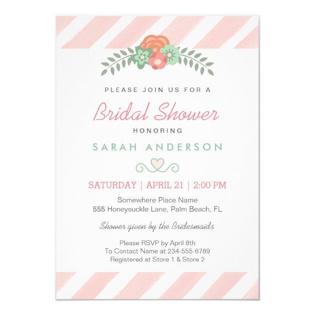 Watercolor Blush Pink Stripes Floral Bridal Shower Invitation