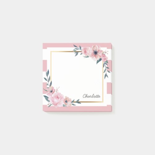 Watercolor Blush Pink Stripes Floral Custom Name Post_it Notes