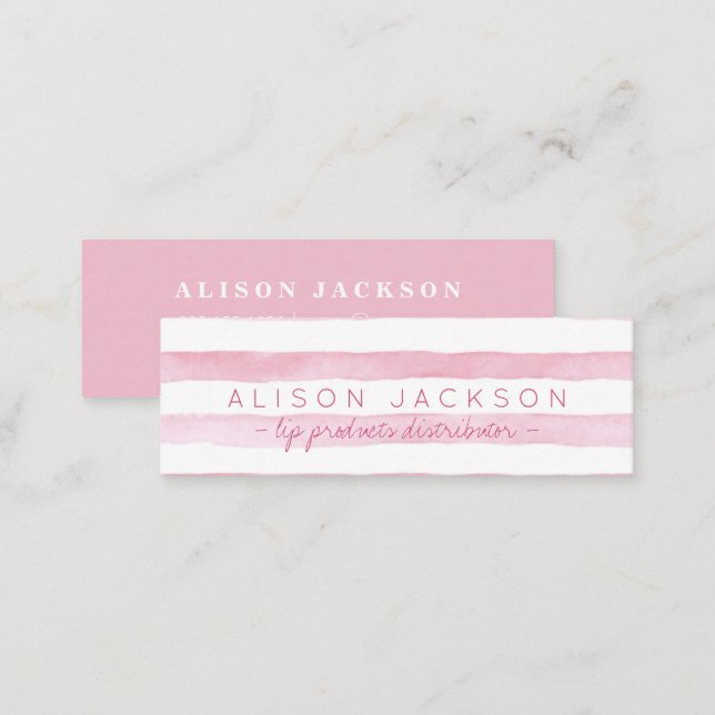 Watercolor blush pink stripes lipstick distributor mini business card (Front/Back)