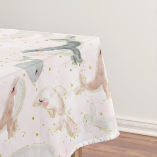 Watercolor Blush Pink Whale Dolphin Ocean Sea Girl Tablecloth