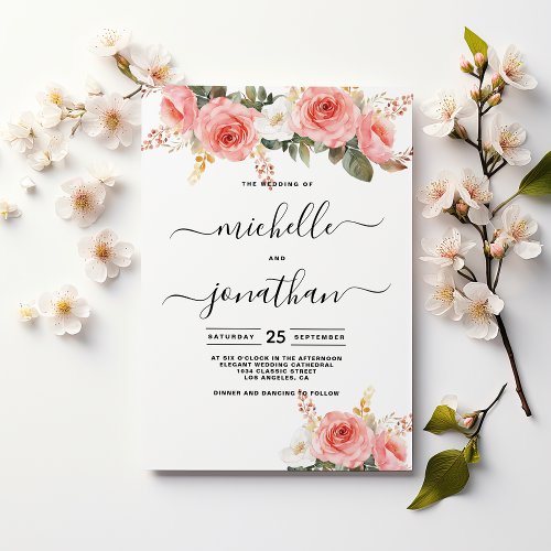 Watercolor blush pink white mint floral wedding invitation