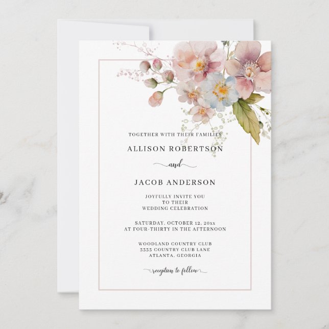 Watercolor Blush Pink Wildflower Floral Wedding Invitation (Front)