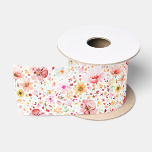 Watercolor Blush Pink Wildflower Pattern Elegant Satin Ribbon