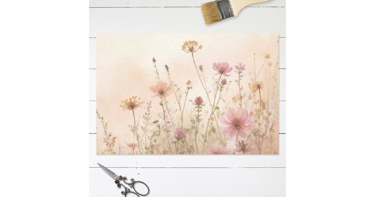 Watercolor Blush Pink Yellow Wildflower Decoupage Tissue Paper | Zazzle