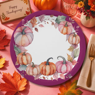 Watercolor Blush Pumpkins Berry Leaf Frame Design Paper Plates