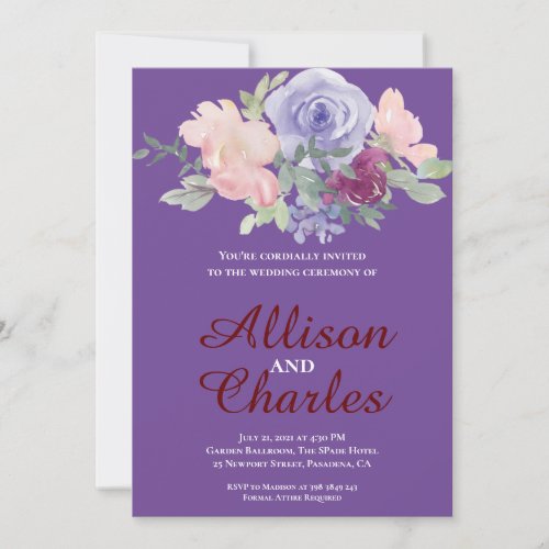 Watercolor Blush Purple Floral Rustic Wedding  Invitation