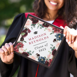 Watercolor Blush Red Blue Floral 2025 Graduation Cap Topper