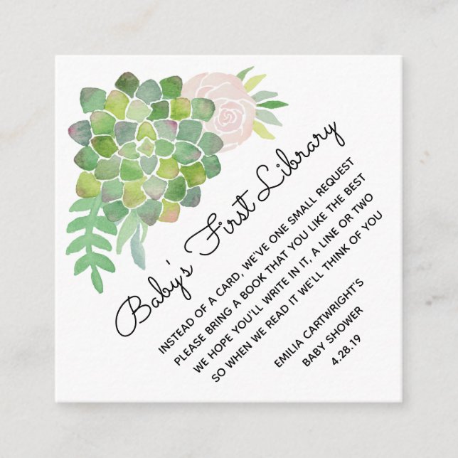 Watercolor Blush Rose and Succulent First Library Enclosure Card (Front)
