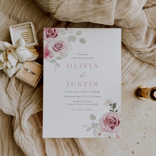 Watercolor Blush Rose Bouquet Wedding Invitation