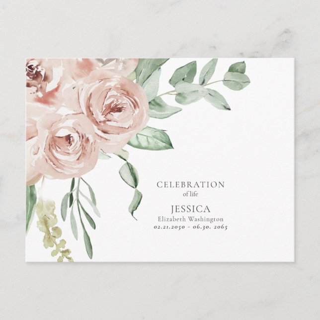 Watercolor Blush Rose Celebration of Life  Postcard (Front)