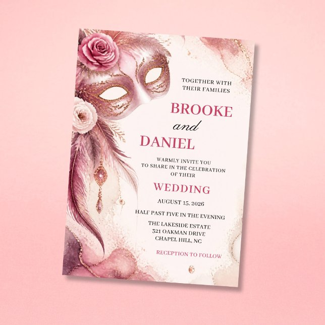 Watercolor Blush Rose Feather Masquerade Wedding Invitation (Creator Uploaded)