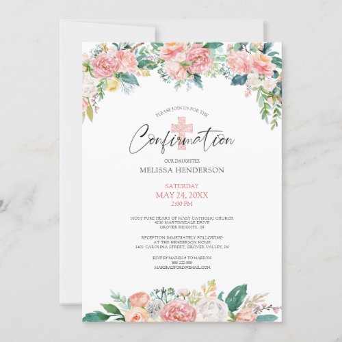 Watercolor Blush Rose Floral Cross Confirmation Invitation