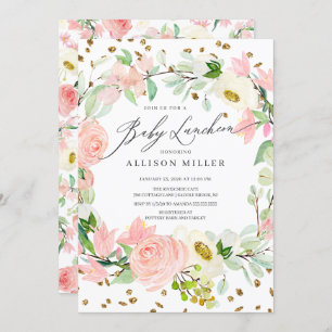 Watercolor Blush Rose Peonies Floral Baby Luncheon Invitation