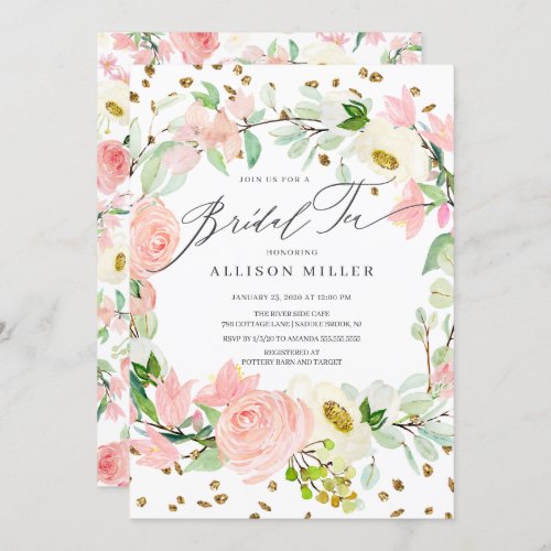 Watercolor Blush Rose Peonies Floral Bridal Tea Invitation