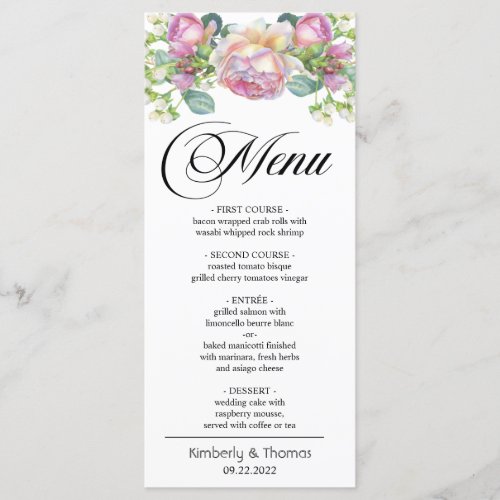 Watercolor Blush Rose Wedding Dinner Menu