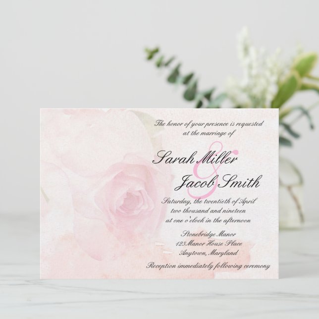 Watercolor Blush Rose Wedding Invitation (Standing Front)