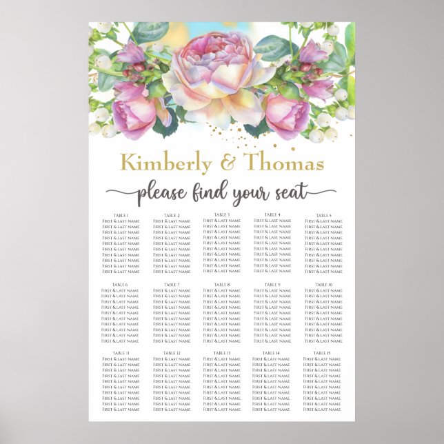 Watercolor Blush Rose Wedding Seating Chart (Front)