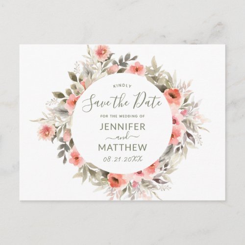 Watercolor Blush Rose Wreath Save the Date Photo Postcard