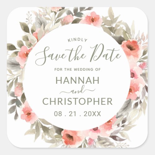 Watercolor Blush Rose Wreath Save the Date Sticker