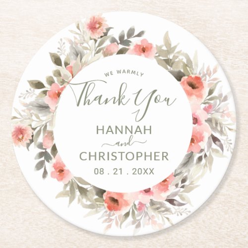 Watercolor Blush Rose Wreath Thank You Round Paper Coaster