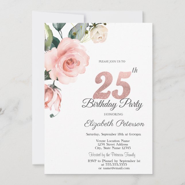 Watercolor Blush Roses 25th Birthday Invitation (Front)