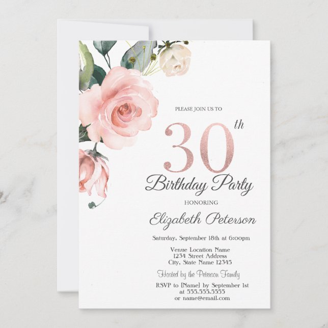 Watercolor Blush Roses 30th Birthday Invitation (Front)