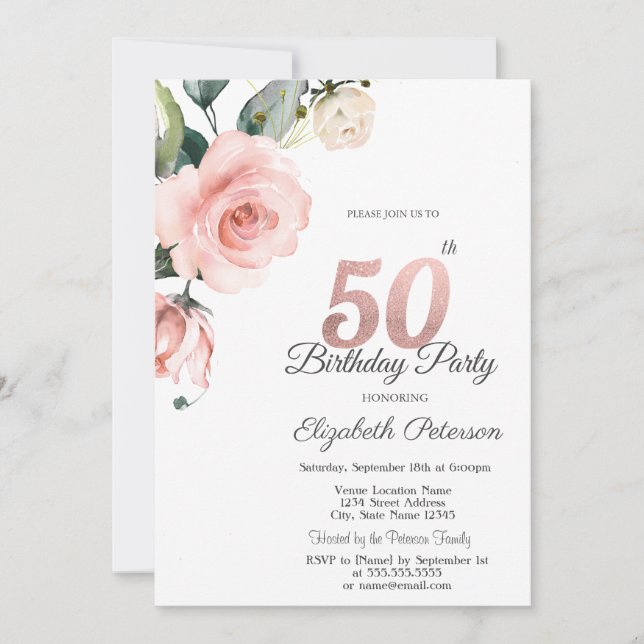 Watercolor Blush Roses 50th Birthday Invitation (Front)