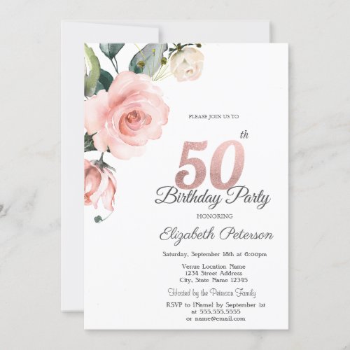Watercolor Blush Roses 50th Birthday Invitation