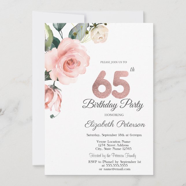 Watercolor Blush Roses 65th Birthday Invitation (Front)