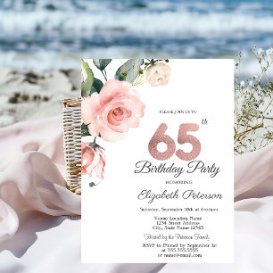 Watercolor Blush Roses 65th Birthday Invitation